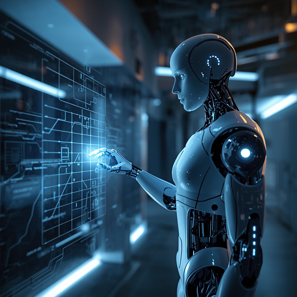Cutting-edge robotics research laboratory with a humanoid robot prototype interacting with holographic interfaces, futuristic sci-fi aesthetic, dramatic volumetric lighting, hyperrealistic digital art